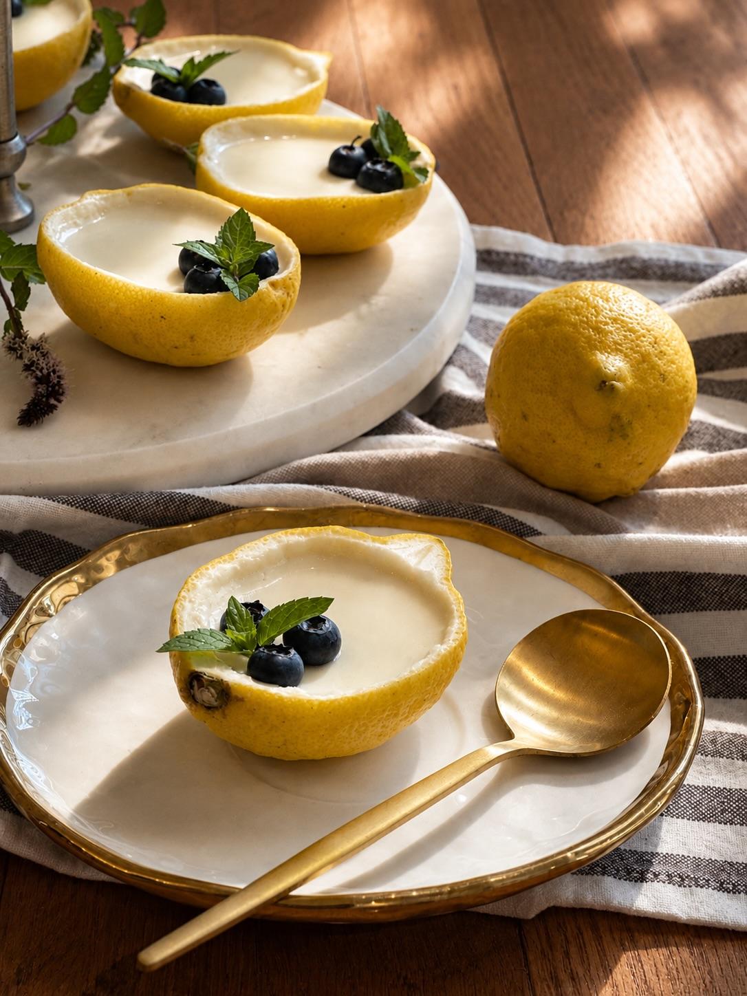 A single lemon posset on a gold-rimmed plate with a gold spoon, more possets on marble behind