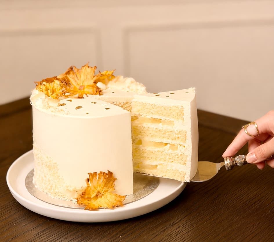 A slice being lifted from the pineapple cake, showing four layers of coconut chiffon with pineapple and cream
