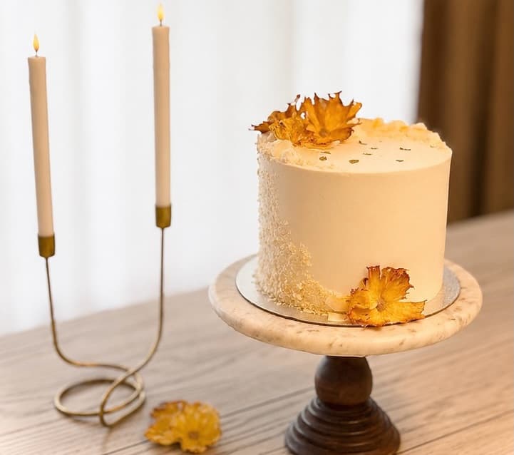 A tall ivory cake on a marble pedestal, finished with dried pineapple flowers and gold leaf, beside two lit taper candles